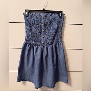 Blue Strapless Button-Front Dress